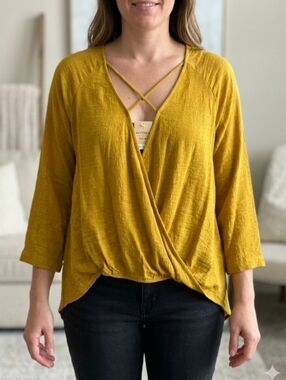 Alythea Mustard Wrap-Front Long Sleeve Blouse with Crisscross Neck
